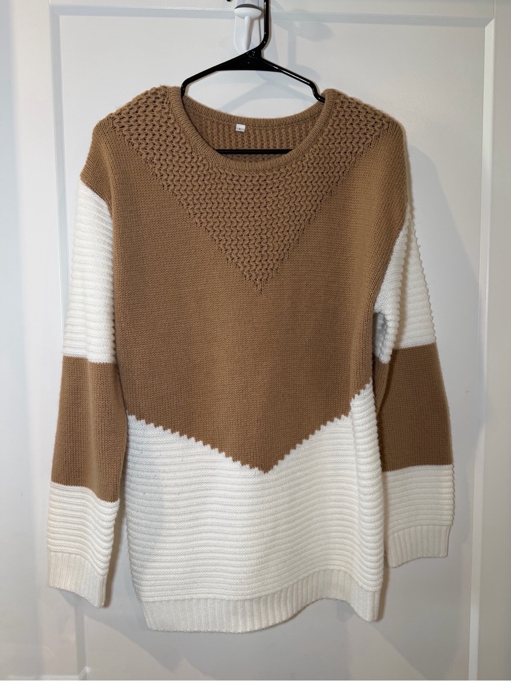 Neutral Colorblock Crewneck Sweater — Brown and White